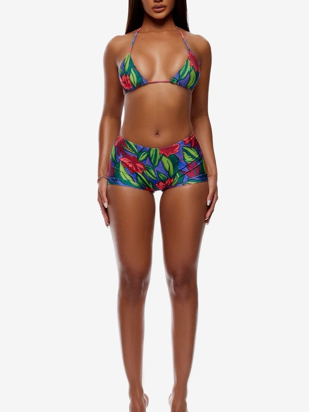 Floral Halter String Bikini Set - Blue with Red & Green